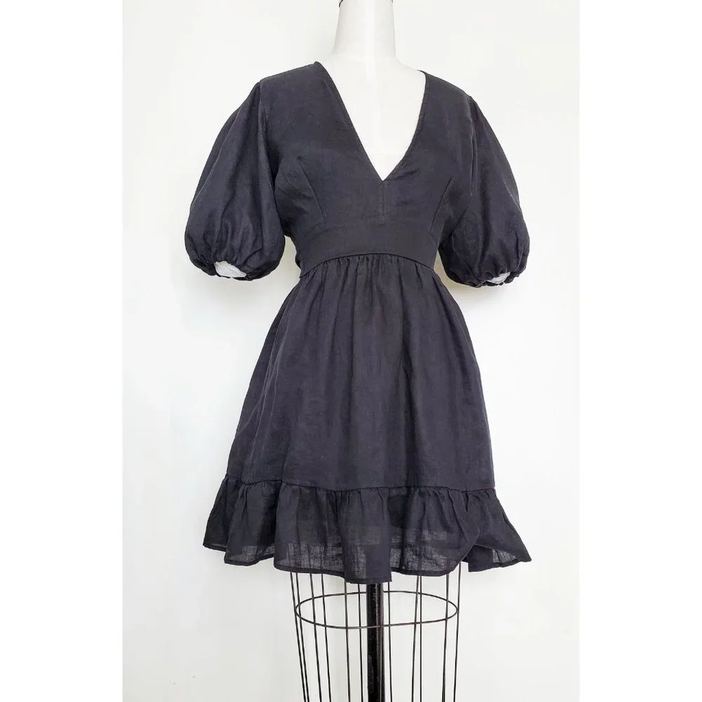 Faithfull The Brand Womens Black Linen Tie Back Dress Balloon Sleeves 6 - Picture 10 of 11